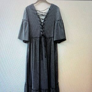 La Ligne Black and White Lace-Up Long Sleeve Dress